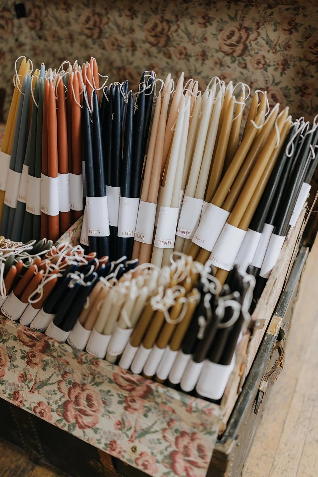 Rows of paint and finish samples fanned out across a patterned surface